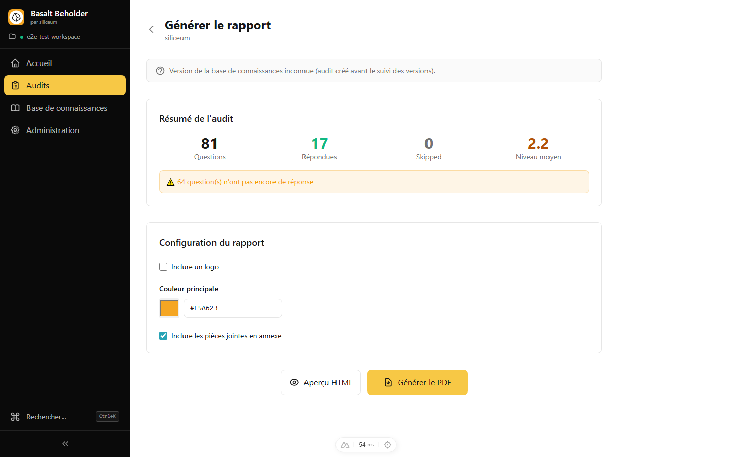 Basalt Beholder — Génération du rapport PDF avec résumé et configuration