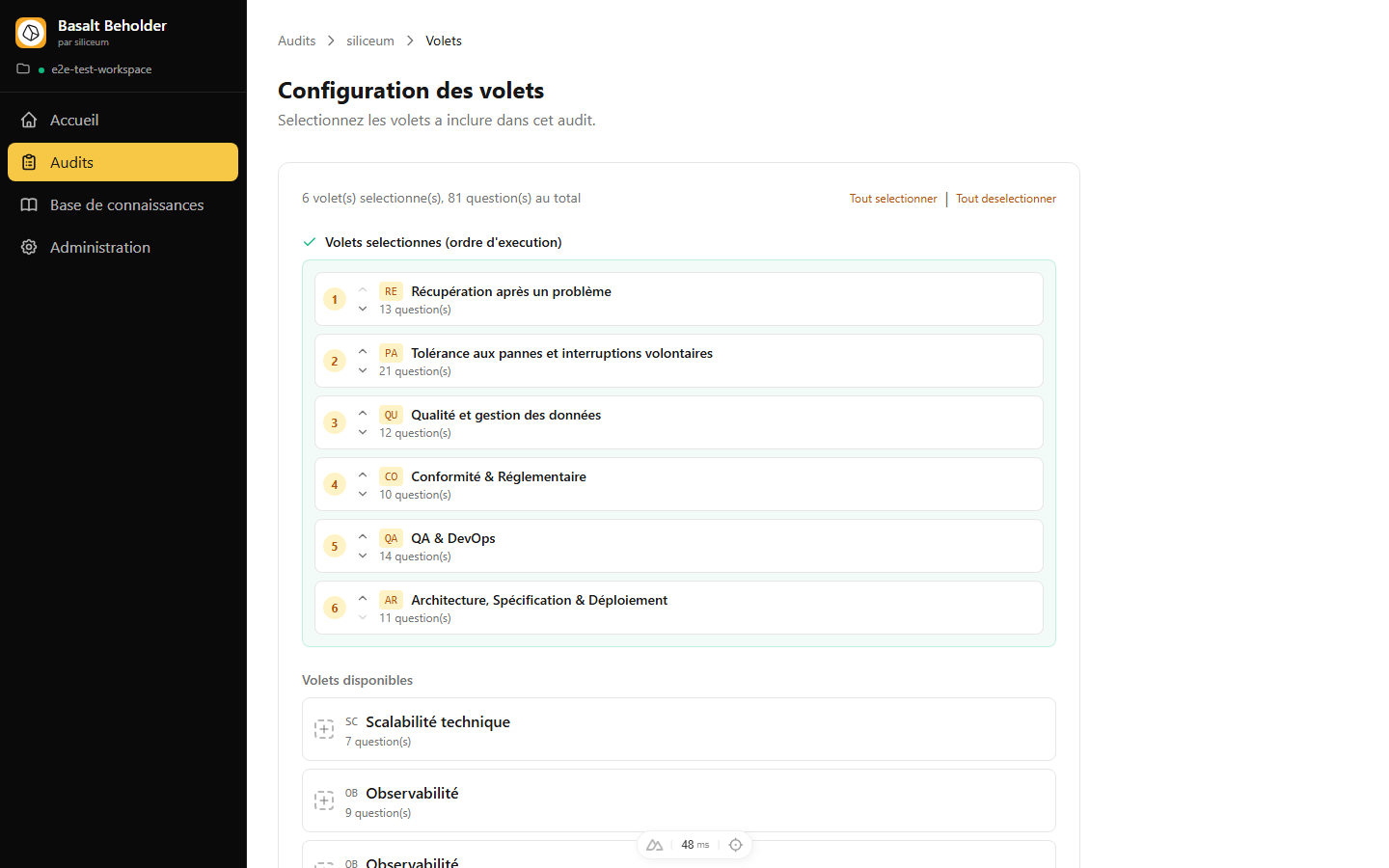 Basalt Beholder — 6 volets sélectionnés avec 81 questions, volets disponibles en dessous