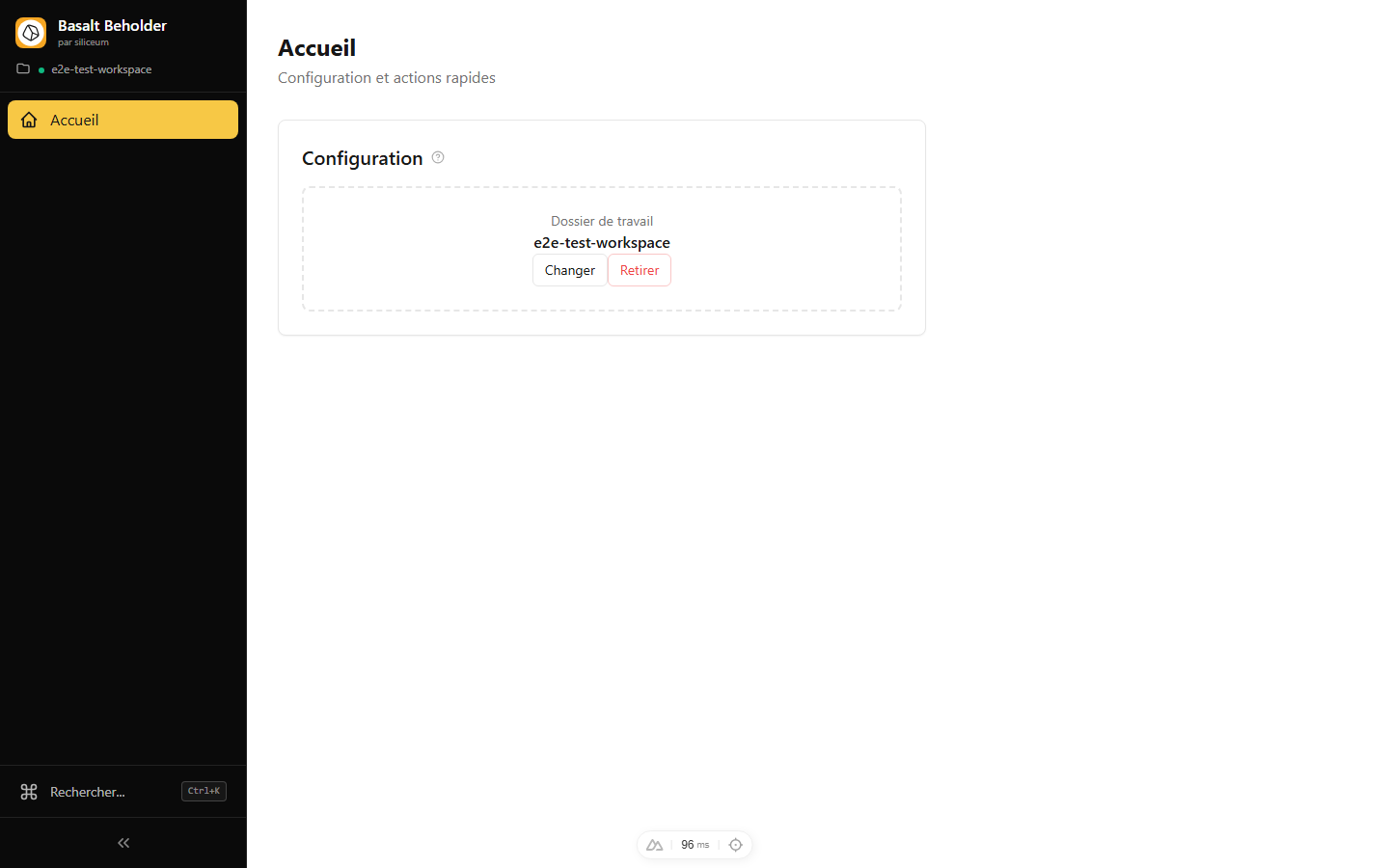 Basalt Beholder — Page d'accueil avec workspace e2e-test-workspace configuré
