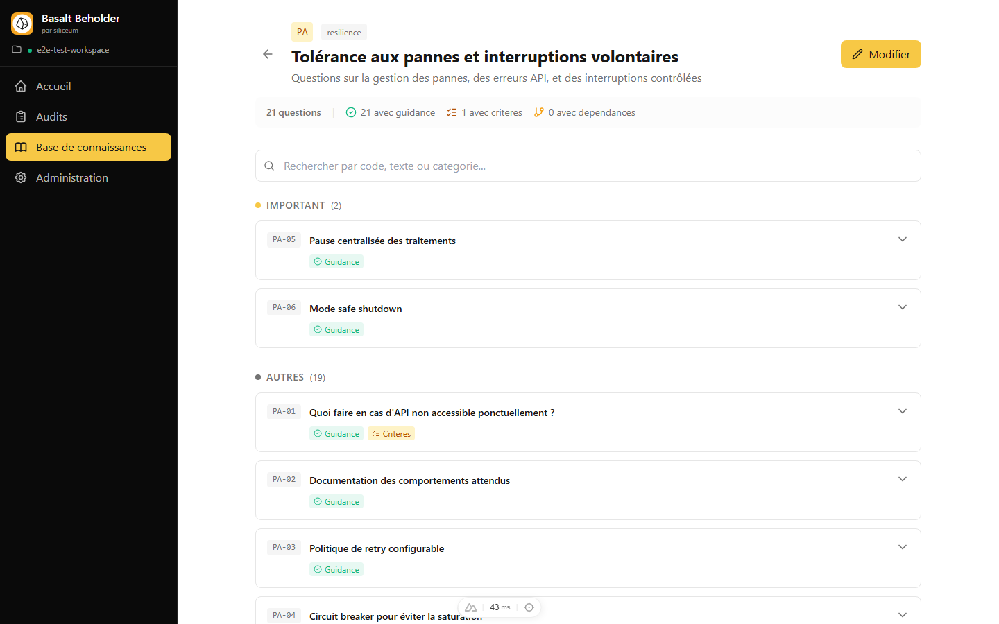Basalt Beholder — Détail du volet Tolérance aux pannes avec 21 questions classées par priorité