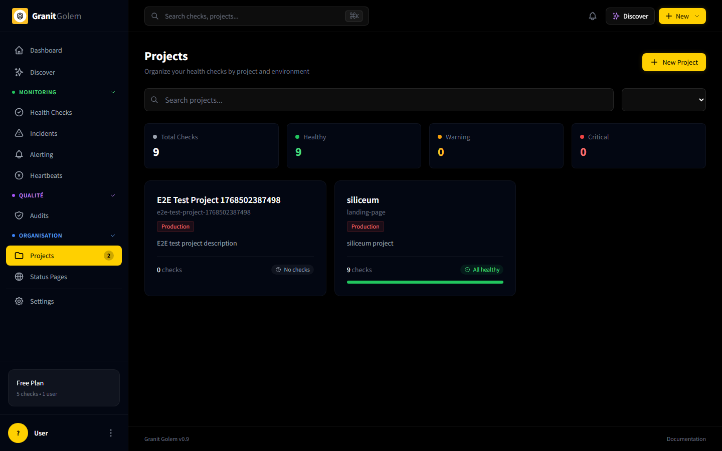 Projets :2 projets avec health bars et nombre de checks