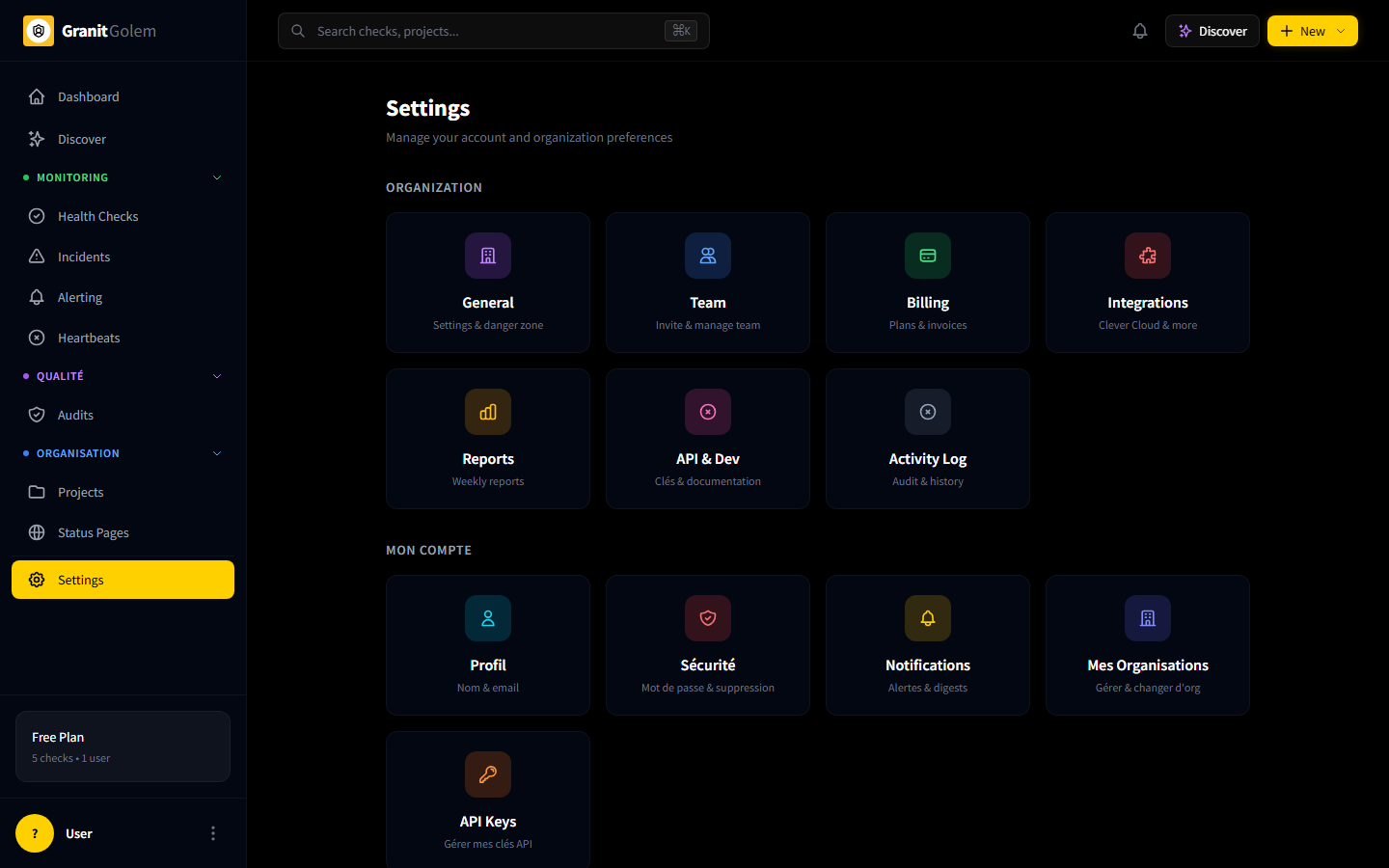 Settings - Organisation (General, Team, Billing, Integrations) et Mon Compte